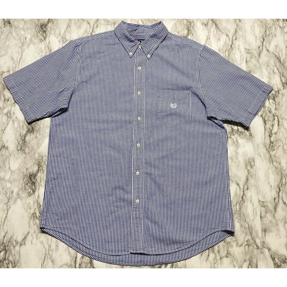 Chaps Mens Shirt Size L Blue White Striped Seersucker Short Sleeve Pocket Logo
